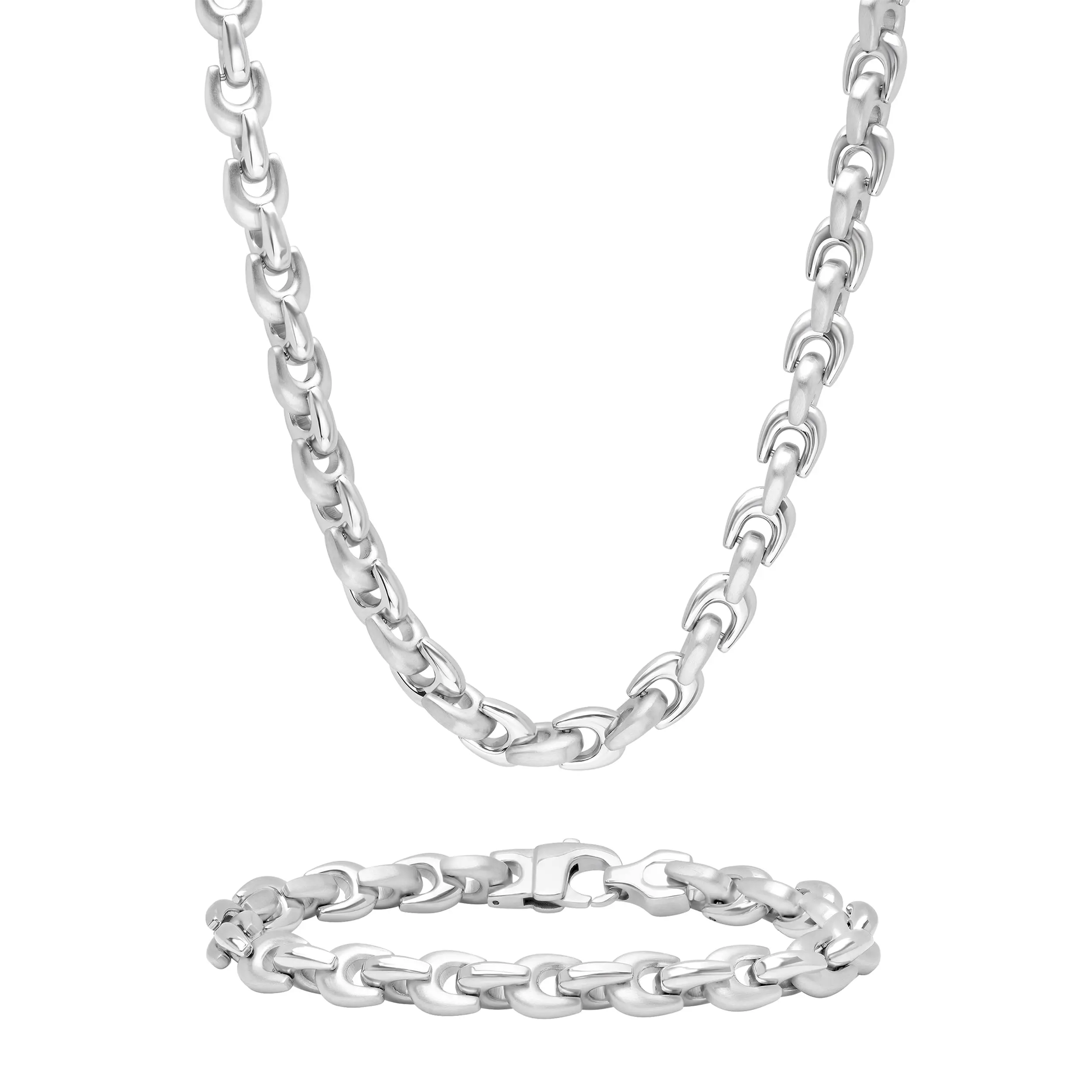 Men's Tungsten Wishbone Link Bracelet & Chain Set - Clean Curved Profile, Comfortable Against-the-Skin Fit, Simple Strong Build, Matching Bracelet and Chain, Durable Everyday Jewelry Set Built to Last for Men