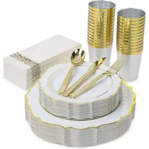 Fancy Disposable Plates - White and  Plastic Plates for Party 50 Disposable Plates for Wedding 75  Cutlery 25 Napkins 25 Cups Elegant Dinnerware Set for Wedding & Party