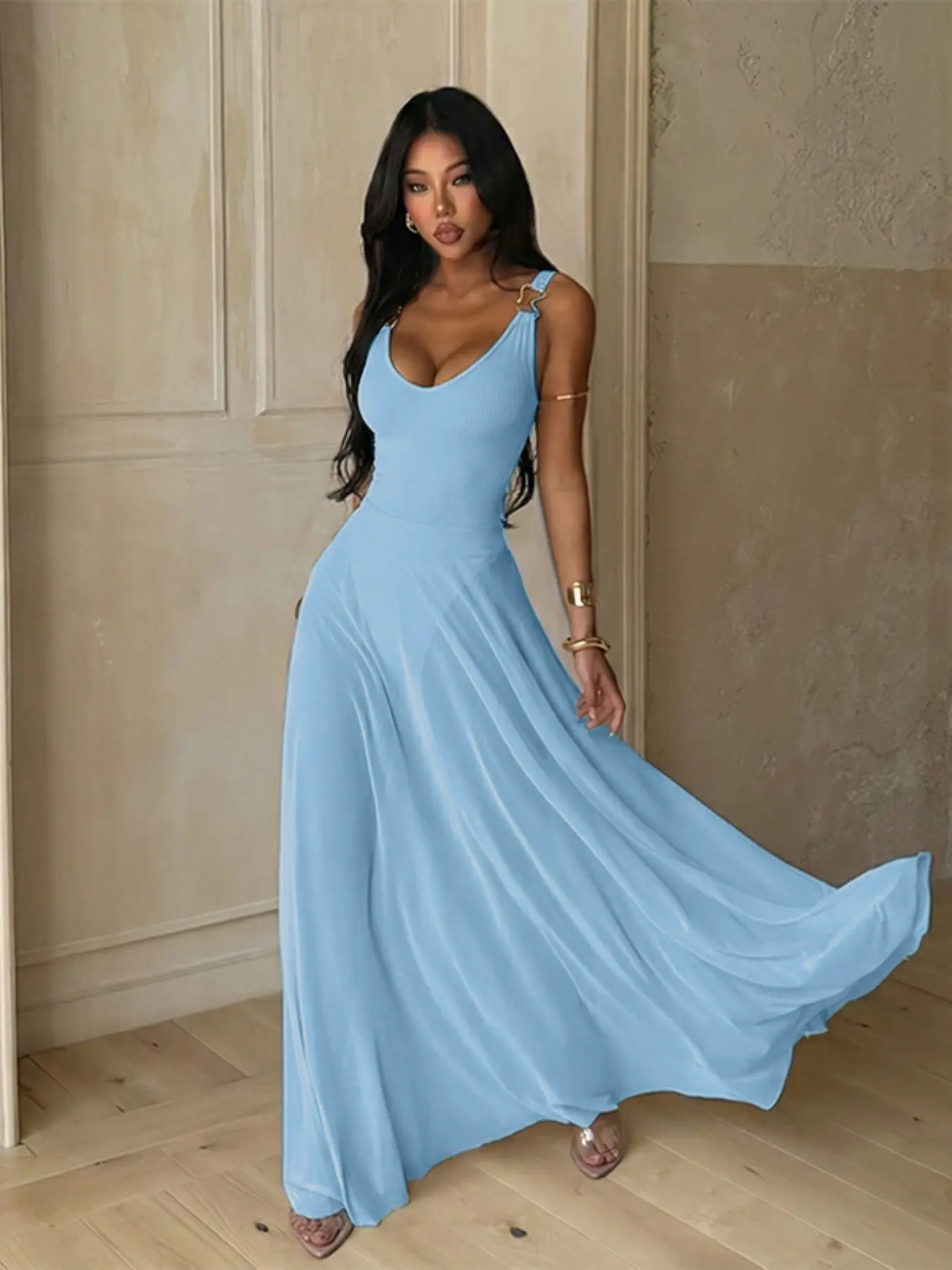 Women's Plain Deep V Neck Tulle Cami Dress, Elegant Sleeveless Maxi Dress  for Evening Party Holiday Wedding Guest Formal Wear, Ladies Summer Clothes,  Brunch Dresses - TikTok Shop