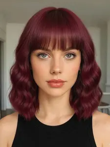 Burgundy Wig with Bangs, Short Curly Bob 14 Inch, Heat Resistant Synthetic Hair, Medium Length, Natural Look, Voluminous Style, Synthetic Curly Wigs