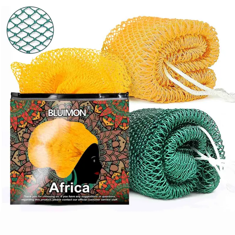 Authentic Traditional African Exfoliating Net Sponge Bath Loofah - 45 in, 2-Pcs Set, Ethically Sourced from Nigeria, 100% Nylon Waterproof Body Scrubber Mesh, Foldable Beauty Bath Accessory with Soft Knots Gliding Gently on Skin