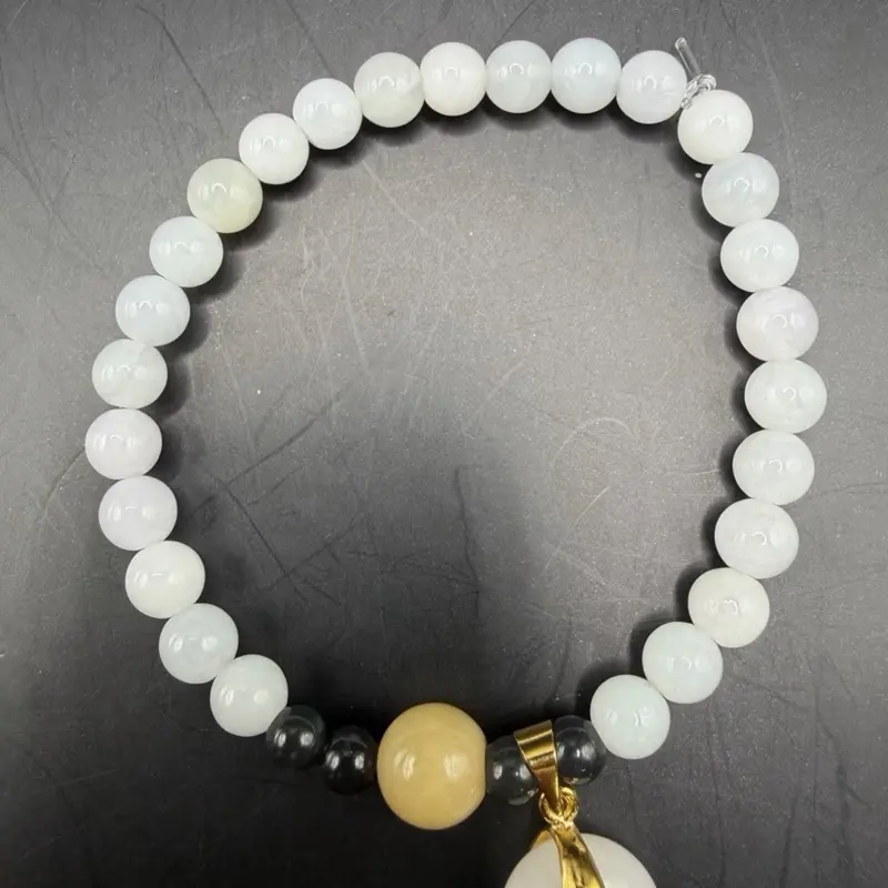 Female Adults' Casual Burma White Jade Beaded Energy Bracelet with White Jade Hulu for Daily Wear