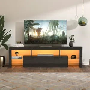 FashionTVstandTVcabinet,EntertainmentCenter,TVstationTV console,media console,with LEDlight belt,light belt remote control,toughenedglassshelf,metal handle,Canbeplaced in the living room,bedroom,black floating tvstand Modern LED