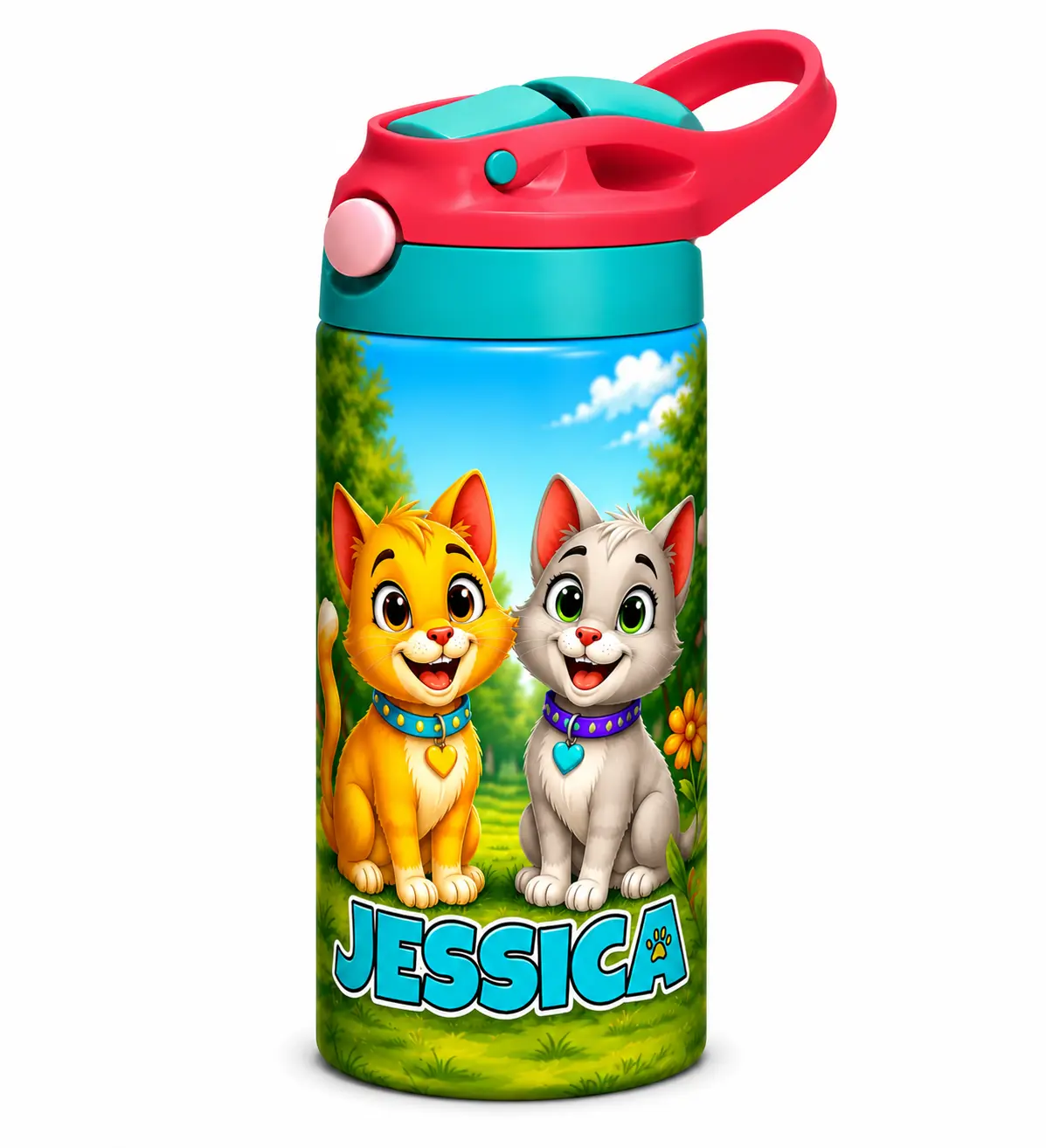 Personalized Kids Kitty Stainless Steel Tumbler - Lightweight Sippy Cup with Lid, Custom Name Water Bottle, Cute Kitten Design, Fun Gift for Kids, School, Everyday Use