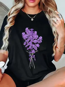 100% Cotton Lavender Purple Flower Design Wildflower Lavender Flower T-Shirt