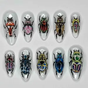 Whimsical Bug Press On Nails | 3D Colorful Beetles & Ladybugs, Fine Leg Details | Glossy White Almond Tips | Handmade Nature-Inspired Set