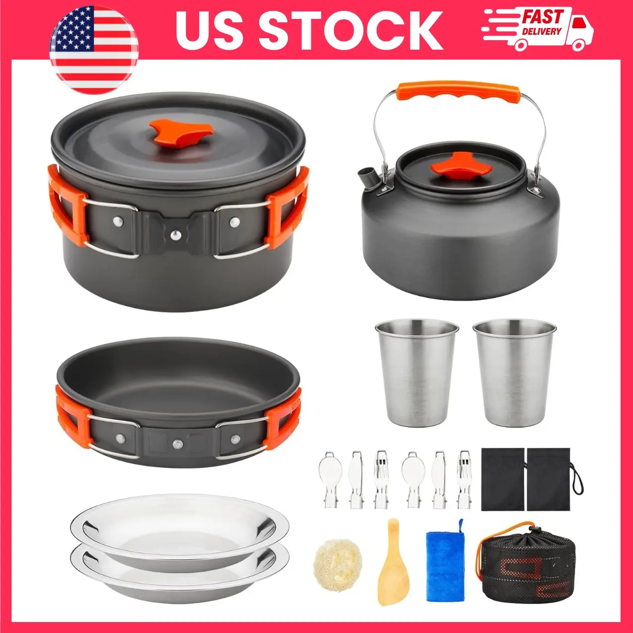 Camping Cookware Kit, 17 Piece Camping Cookware Set, Hard Anodized Aluminum Pots, Pan & Kettle with Stainless Steel Tableware for Backpacking, Hiking, Picnic & Outdoor Cooking | hiking cookware, picnic cookware, camp kitchen set, portable cookware