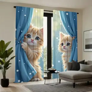 Cute Ginger Cat Print Curtains Set, Semi-Transparent Polyester Fabric, Easy to Hang &, Modern Home Decor for Living Room & Bedroom, Easy Install Curtain