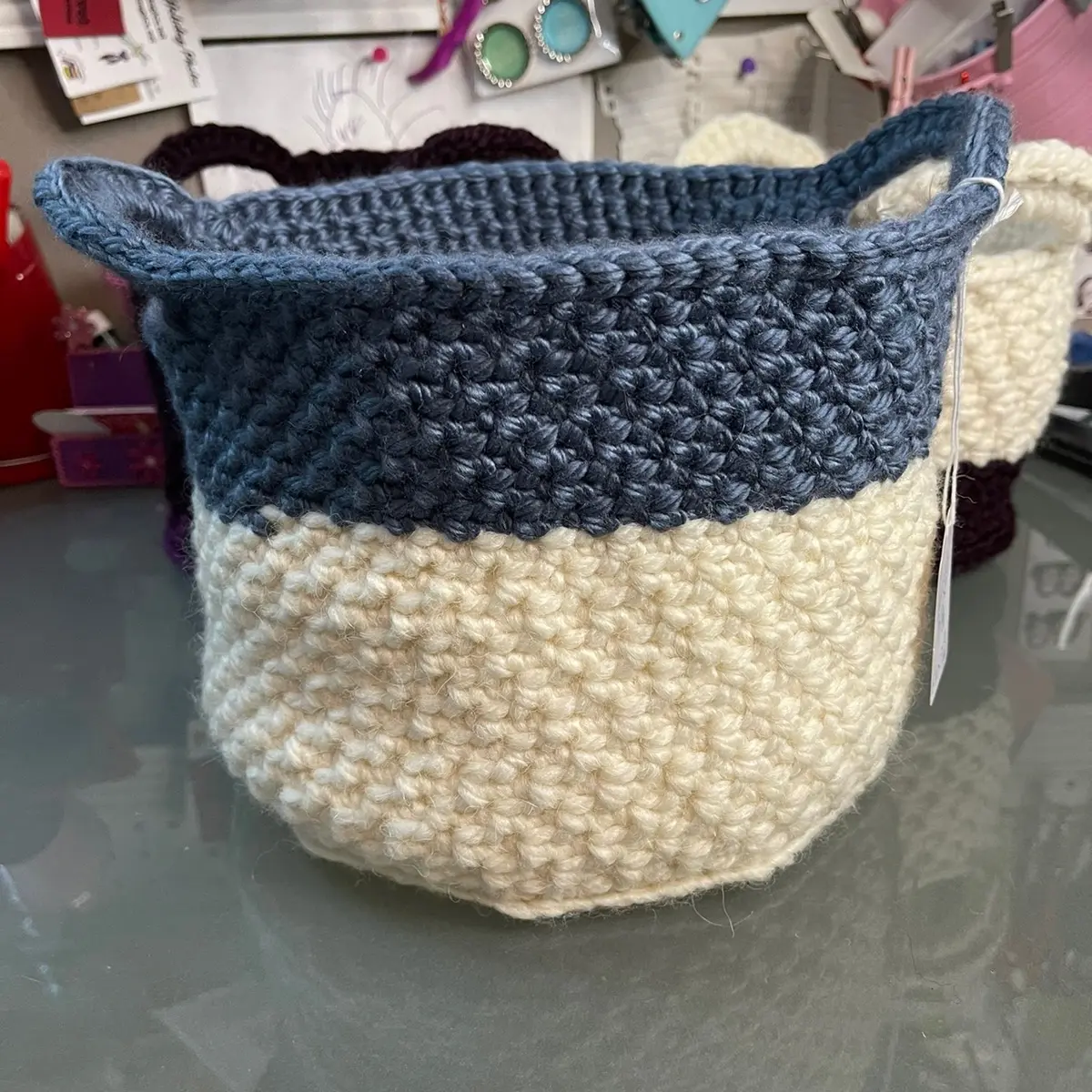 Hand Crocheted Basket -Large Textured, Thick Basket, Storage Organiser Set Beige Decor Yarn