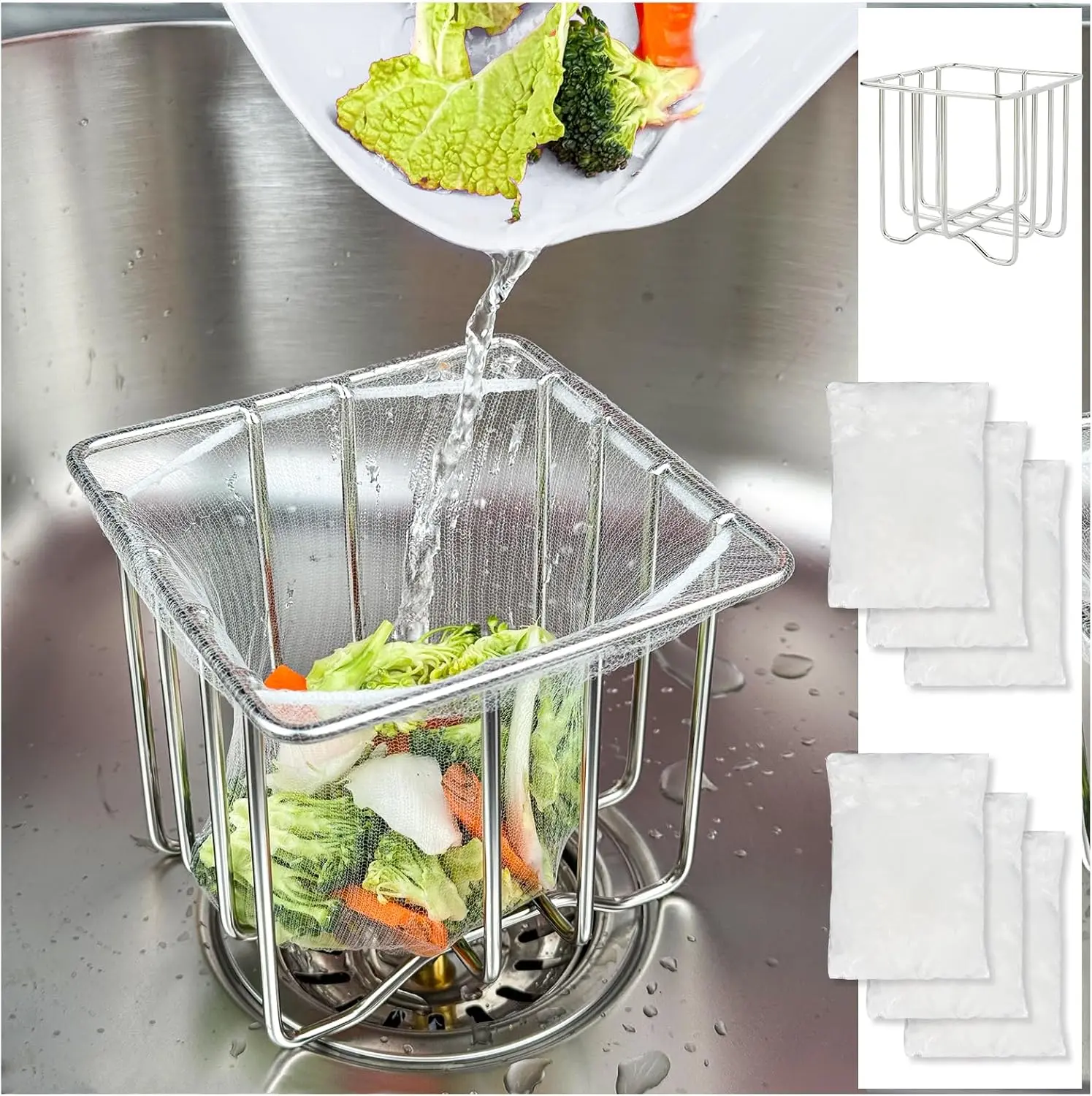 Sturdy Stainless Steel Kitchen Sink Strainer Set - Universal Size Basket Holder, 300 Mesh Bags, Utensils Drain Filter, High Waste Capacity, Easy Filtration, No Installation Needed, Prevents Food & Dish Leftover Clogging