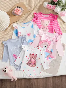 Girl baby spring bodysuit, adorable bear-themed design. A five-piece set of girl baby long-sleeved bodysuits with multiple patterns, featuring various bear prints, stripes, polka dots, and floral designs. Available in multiple colors, soft, skin-friendly