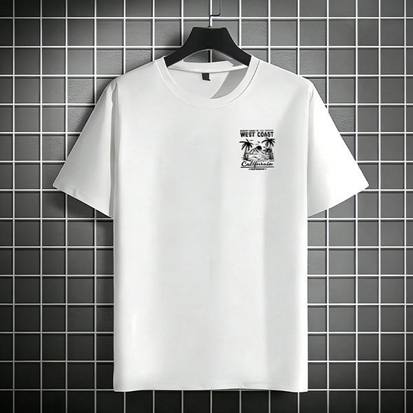 Mens Loose Fit Heavyweight Cotton T-Shirt – West Coast California Los Angeles Sunset Beach Surfer Theme Graphic Tee, Retro Palm Tree & Mountain Sea Pattern, Black & Gold Color Block Design, Beach Vacation Streetwear Shirt.