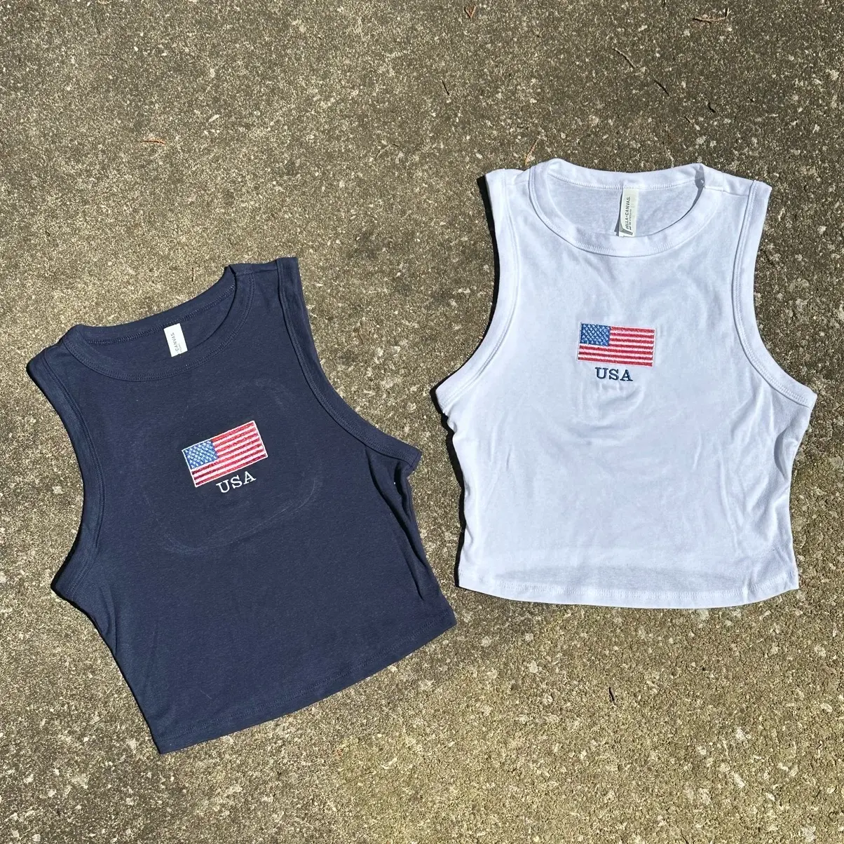 USA Embroidered Cropped Tank Top Navy White Red Embroidery