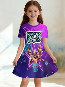 Girls' 3D Dress Base K-Pop Demon Hunters Full Print, Perfect for Parties, Festive Gifts, Birthday Presents, Casual Style