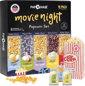 Popcorn Movie Night Supplies 16 pcs Gift Set, 5 Gourmet Popcorn Kernels, 5 Seasoning Variety Packs Non-GMO Kosher Snacks, Great Housewarming Family Date Night Gifts Basket Ideas For Him Her