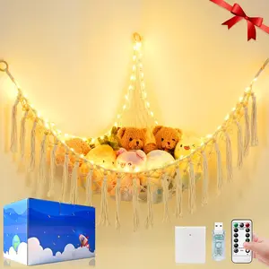 Krislait Stuffed Animal Hammock with 75LEDs, Extra Large 55in Toy Storage Macrame Hammock, Hanging Toy Net for Kids Bedroom Doll Room Corner Organizer, USB Plush Toy Hammock with Remote(XL)…