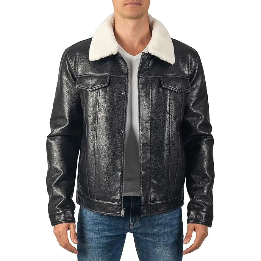 Men's Black Leather Trucker Jacket with Shearling Collar