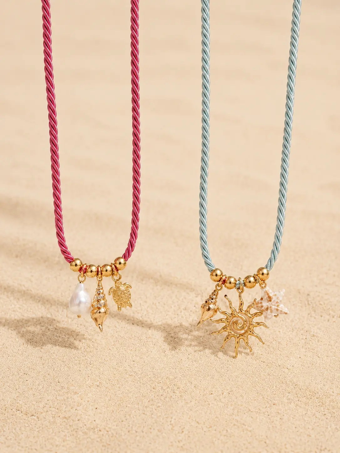 Sea Charm Rope Chain Shell Necklace - Gold Plated Stainless Steel Ocean Theme Pendant Jewelry For Women