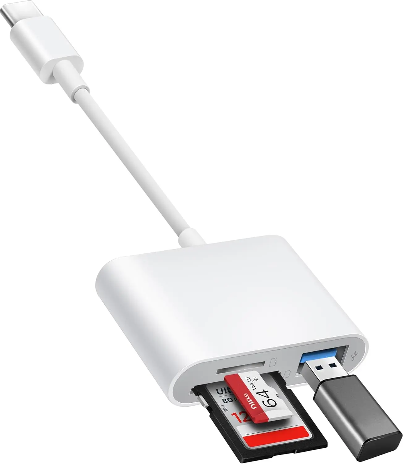 USB-C SD Card Reader – 3-in-1 Adapter with SD/MicroSD/USB 3.0 Ports, Compatible with iPhone 15/16, iPad, Mac, MacBook Pro/Air, Android & Type-C Devices