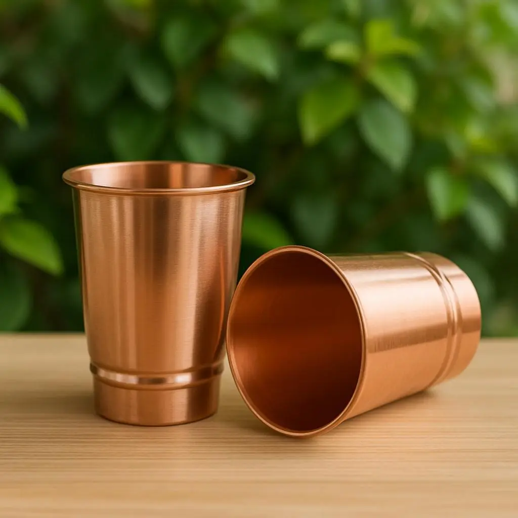 Copper Drinking Cups Ayurvedic Pure Copper Tumblers 2 pcs Set 400ml Traveller's Copper Glass Hygienic Hydrating Cups for Home and Restaurants Drinkware Lemon Metal