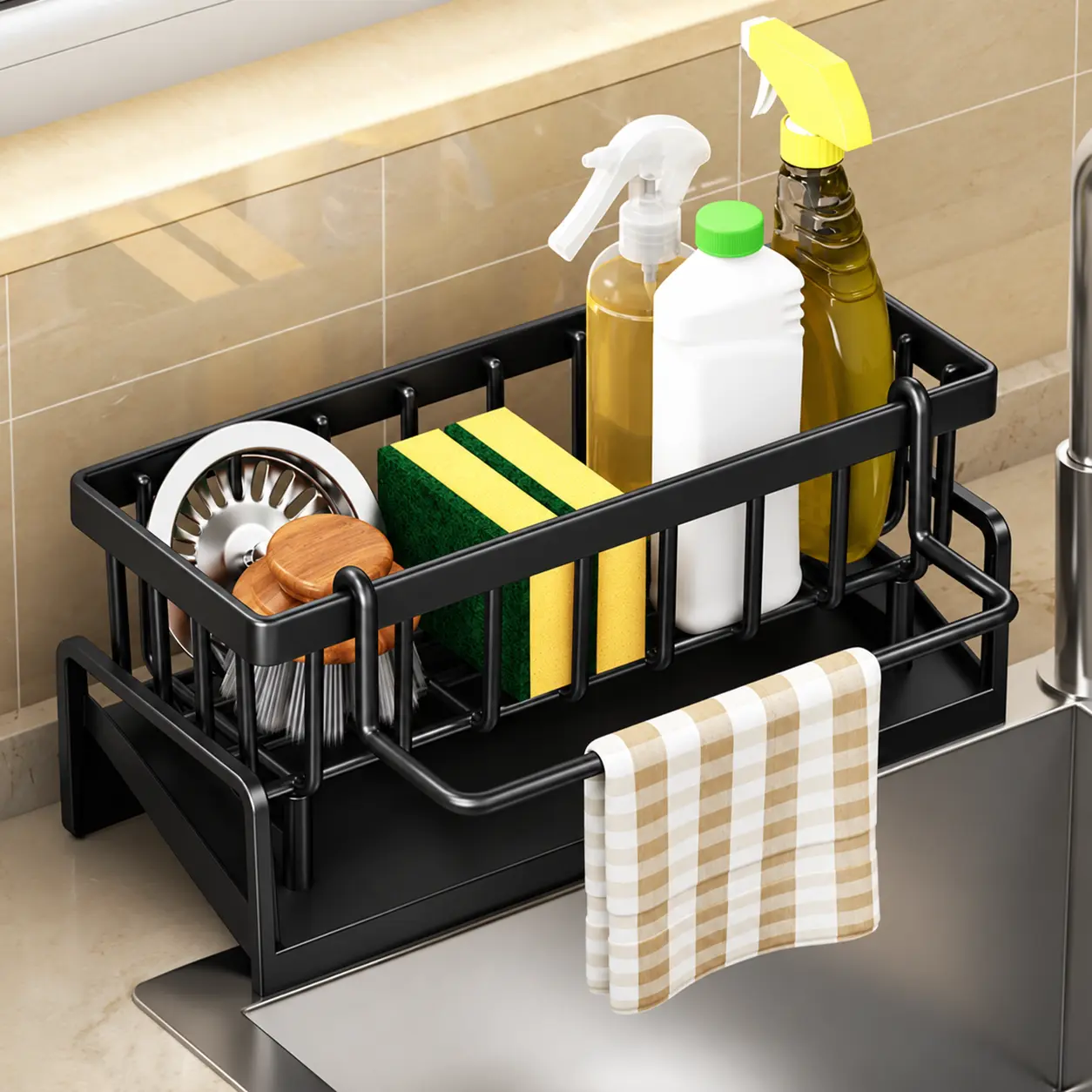 Kitchen Sink Organizer with Auto Drain Tray, Stainless Steel Sink Caddy with Sponge Holder, Dish Soap Storage, Removable Towel Rack, Brush Holder, Cleaning Supplies Organizer, Large Capacity Space Saving Countertop Storage Rack for Kitchen Sink