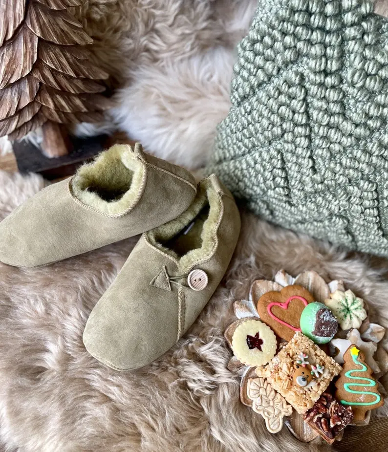 Follkee Bambosh Matcha Green Sheep Skin Wool Lined Handcrafted Shearling Slippers