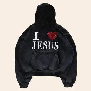 "I LOVE JESUS" Print Graphic Black Pullover Hoodie