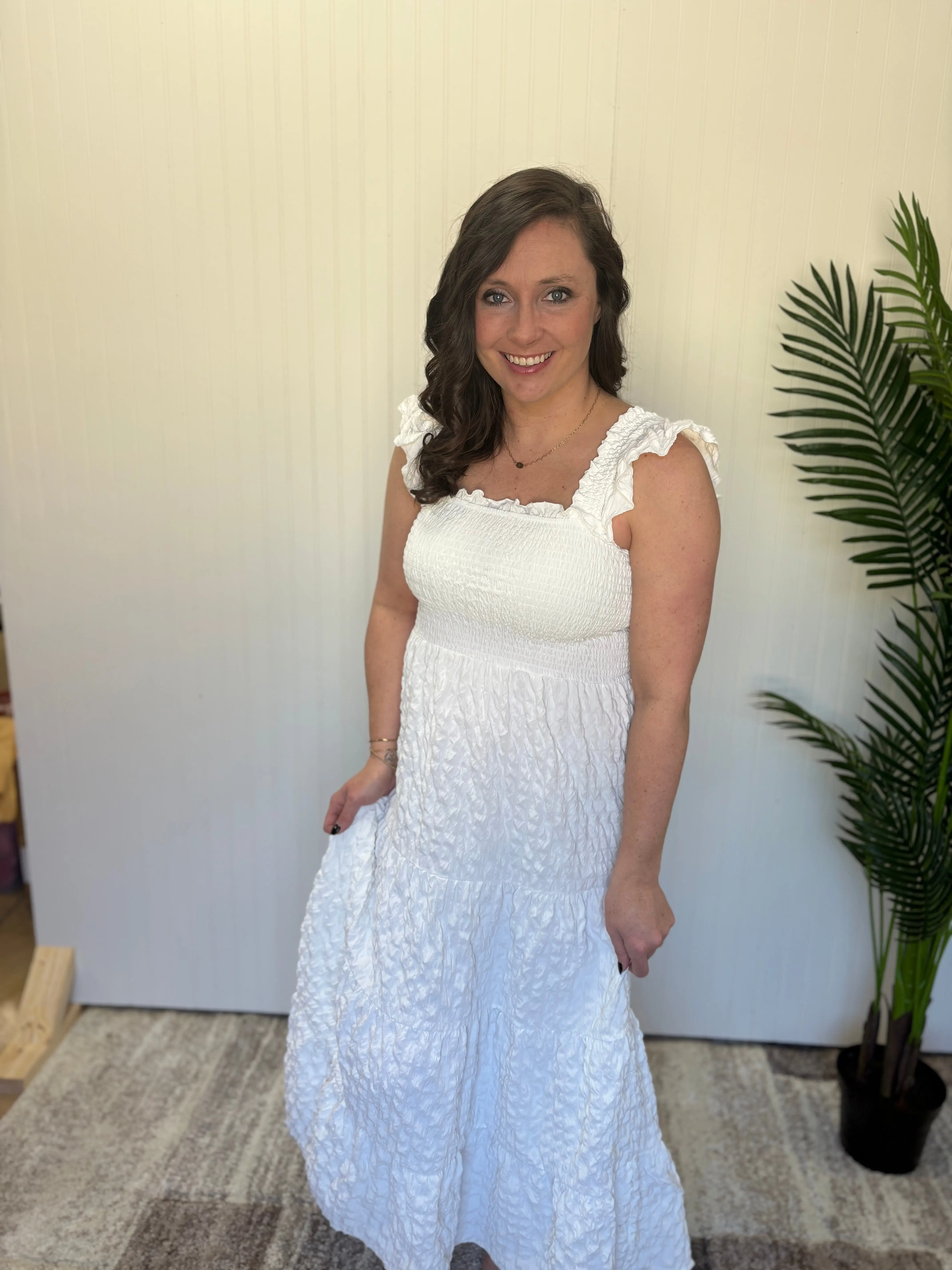 White Smocked Chest Maxi Dress by Simply Southern