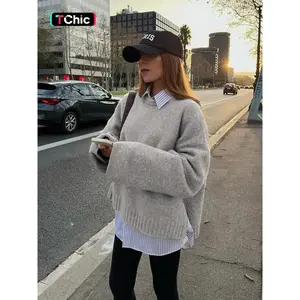 Women's Solid Color Oversized Sweater with Drop Shoulder and Split Flared Sleeves, Comfortable Everyday Pullover Knitwear