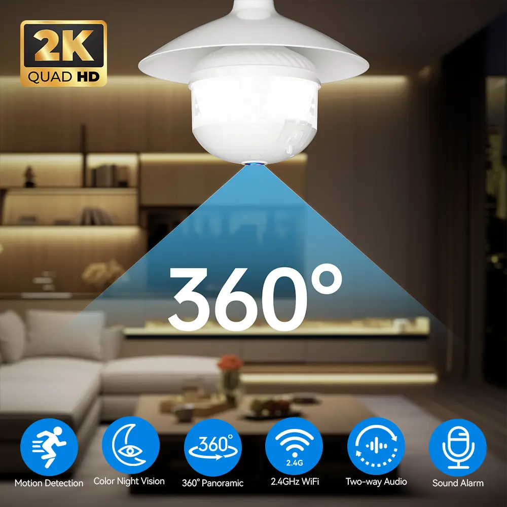 2K HD 2.4GHz WiFi Bulb Indoor Monitoring Security CCTV Camera, Lighting And Monitoring All-in-one, With 360 ° Panoramic, No Blind Spot, Built-in LED light, Full-Color Night Vision, Human Tracking Motion Detect, Message push, Two-way Audio