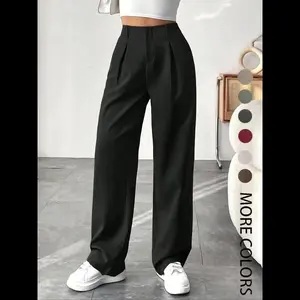 Women's Solid Color Plicated Pocket Wide Leg Pants, Elegant Aesthetic Flattering Zipper Fly High Waist Trousers for Work Office Business, Ladies Spring & Fall Business Attire Clothes Baggy Womenswear