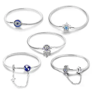 Protection Snake Chain Bracelet Collection, 925 Sterling Silver, Snake Chain Base, Evil Eye/Star/Dreamcatcher/Globe Charms, Pairs Well with Pendants and Beads, Protection & Celestial Jewelry Lovers’ Choice