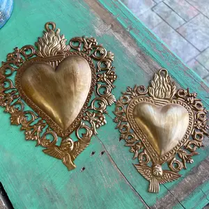Antique Inspired Hanging Sacred Heart - Decorative Heart Decoration with Gold Finish and Floral Accents for Home Ornaments Religious Wall