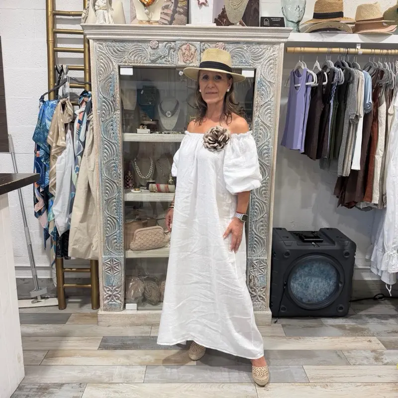 Angela 100 Percent Linen Off Shoulder Maxi Dress One Size Small to 1XL