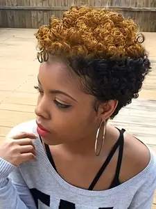 Women's Short Afro Curly Pixie Cut Wig, Blonde Front Base, Human Hair, Curly Wave Texture, Natural Look, Layered Back, Comfortable Rose Net, Curly Bob Wig
