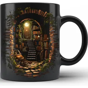 Cozy Book Nook Coffee Mug, Simulated 3D Design, Magical Hidden Library 3D Portal Art, Dark Academia Aesthetic, Vintage Bookshelf Mug - Wall Hole Library Book Coffee Mug Reading Gifts For Librarian Bookworm - Gift Idea for Readers