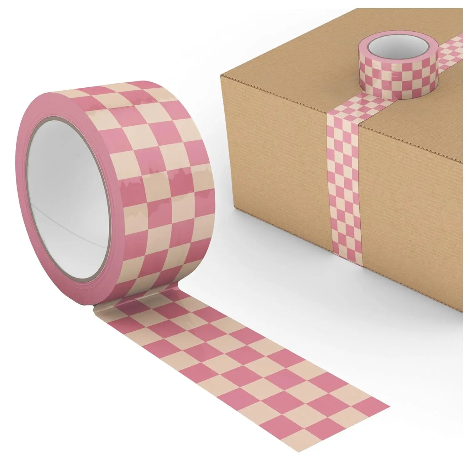 Cute Pink Decorative Printed Packaging Tape  Checkerboard Pattern Packing and Shipping for Small Business Supplies Heavy-Duty 2.6mil 1.88" x 110 Yards (330 feet)