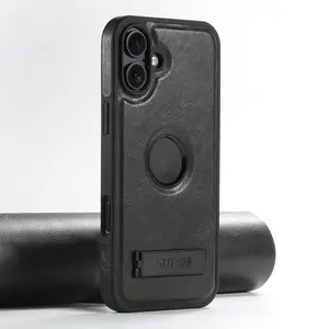 A vintage Crazy Horse leather pattern shell, compatible with magnetic charging, featuring a light luxury leather texture and an invisible bracket design, is suitable for iPhone 17 Air/Pro Max, 13/14/15/16 Plus, and provides shockproof protection