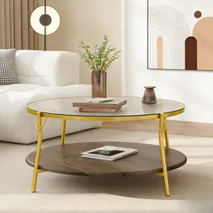 Modern Light Luxury 29.9" Round 2-Tiered Center Coffee Table, Textured Glass Top Walnut Storage Shelf Gold Metal Base, Nordic Style Accent Table for Living Room Small Apartment