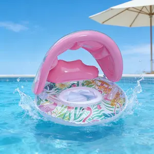 Inflatable Flamingo Pool Float with Removable Canopy, Tropical Floral & Flamingo Print, Glitter Sequins, Safety Handles, Pool & Beach
