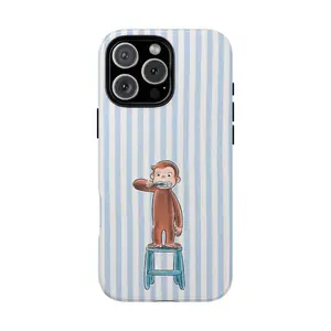 Cute Curious George Brushing Teeth Phone Case – Minimalist Striped Phone Cover For Iphone 13, 14pro, 16promax and Samsung, Gift, Perez Creations Shop