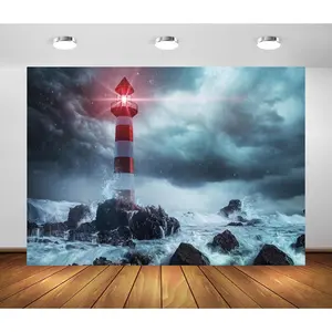 Lighthouse Backdrop Dark Cloudy Sky Ocean Storm Seascape Waves Searchlight Lighthouse Background Lighthouse Theme Party Decorations Nautical Photo Studio Props