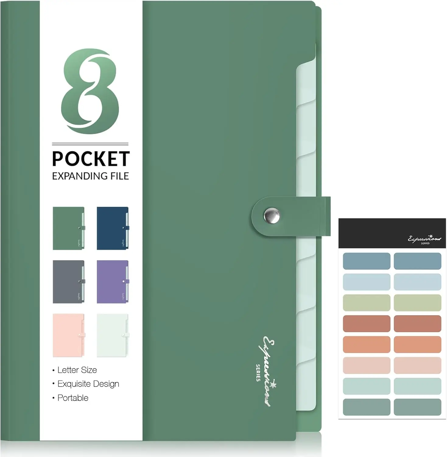 Elegant Accordion File Organizer, 8 Pocket Expanding File Folders with Labels, Portable Folder for Documents, Cute Paper Organizer for School Office Supplies, Letter Size, Dark Green