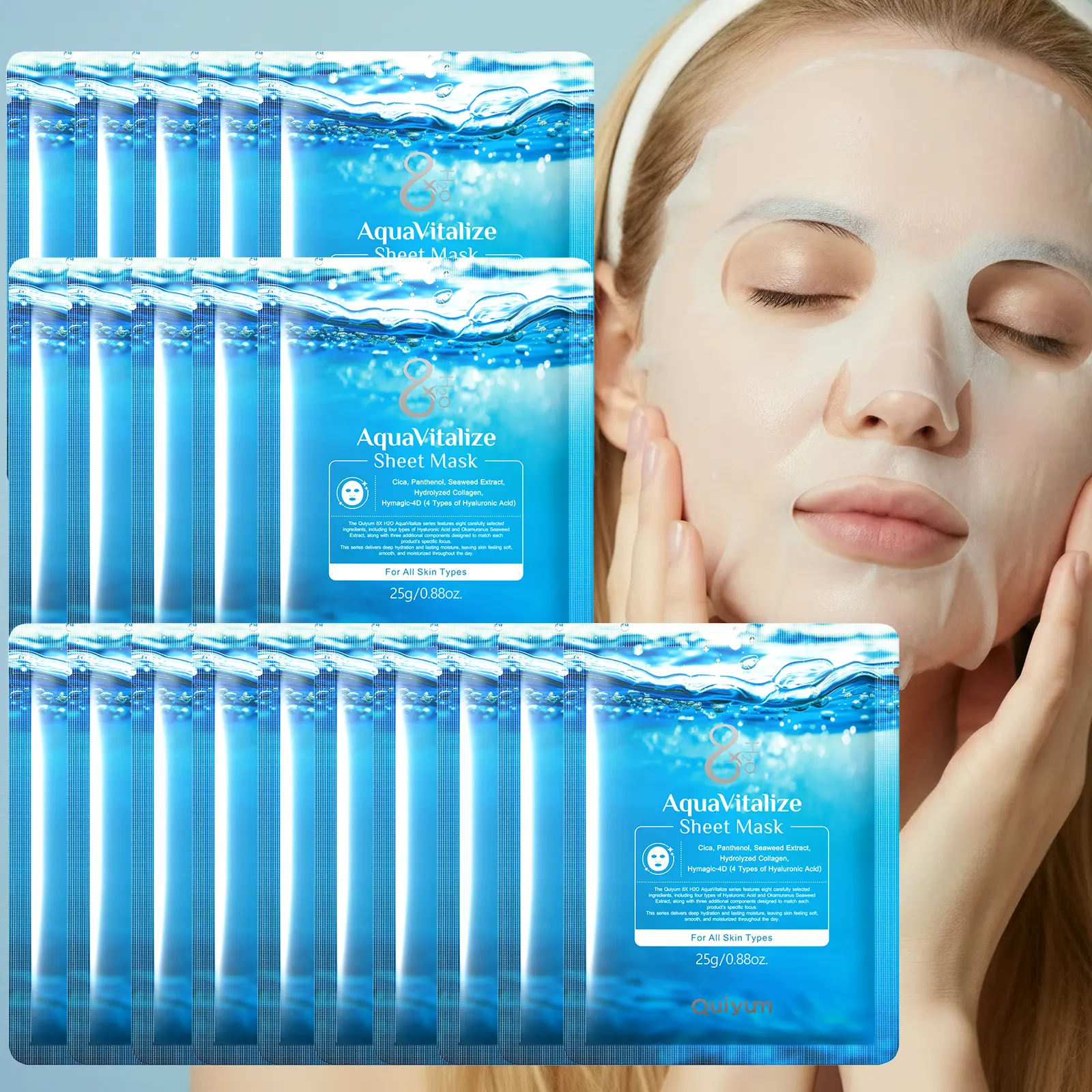 QUIYUM 8x H2O Hydrating Face Mask, 20-piece bulk set — aesthetic Aquavitalize moisturizing sheet masks for teens and beginners, fast-absorbing soothing facial sheet masks for radiant skin