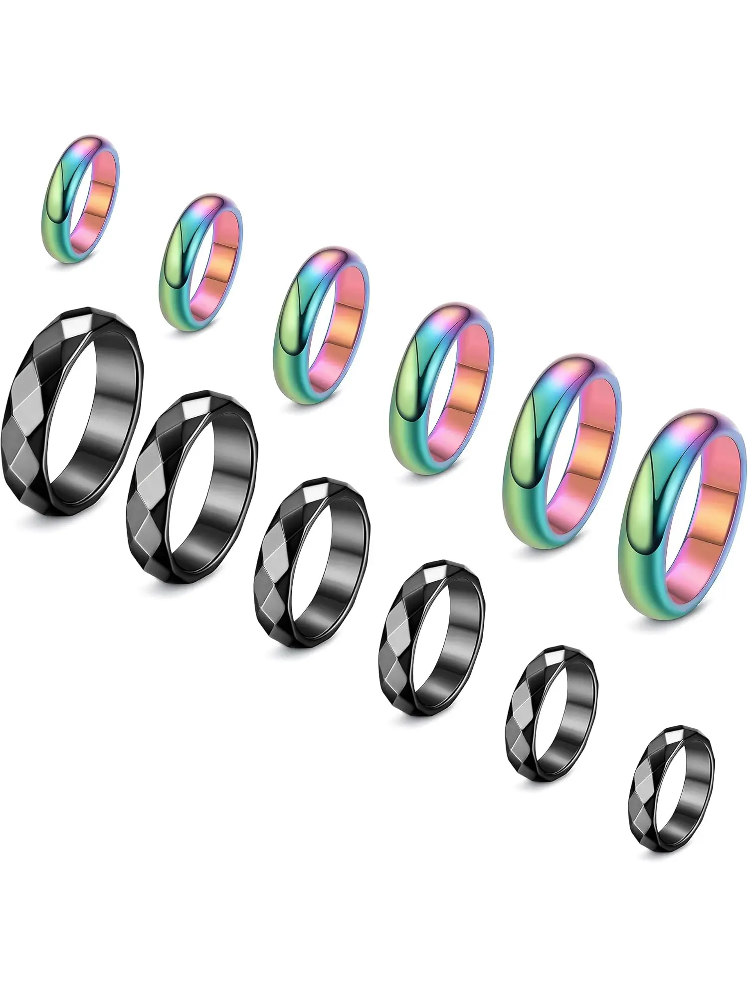 12Pcs Jewelry Rings Set Hematite Rings Absorbs Negative Energy Anxiety Balance Root Chakra Black Colorful Hematite Basic Fashion Ring Band Polished Wedding Band Anxiety Relief Jewelry Gifts for Women Men Beautiful Rings(6 Mixed Size)
