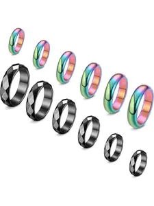 12Pcs Hematite Rings Absorbs Negative Energy Anxiety Balance Root Chakra Black Colorful Hematite Basic Ring Band Polished Wedding Band Anxiety Relief Jewelry Gifts for Women Men(6 Mixed Size)