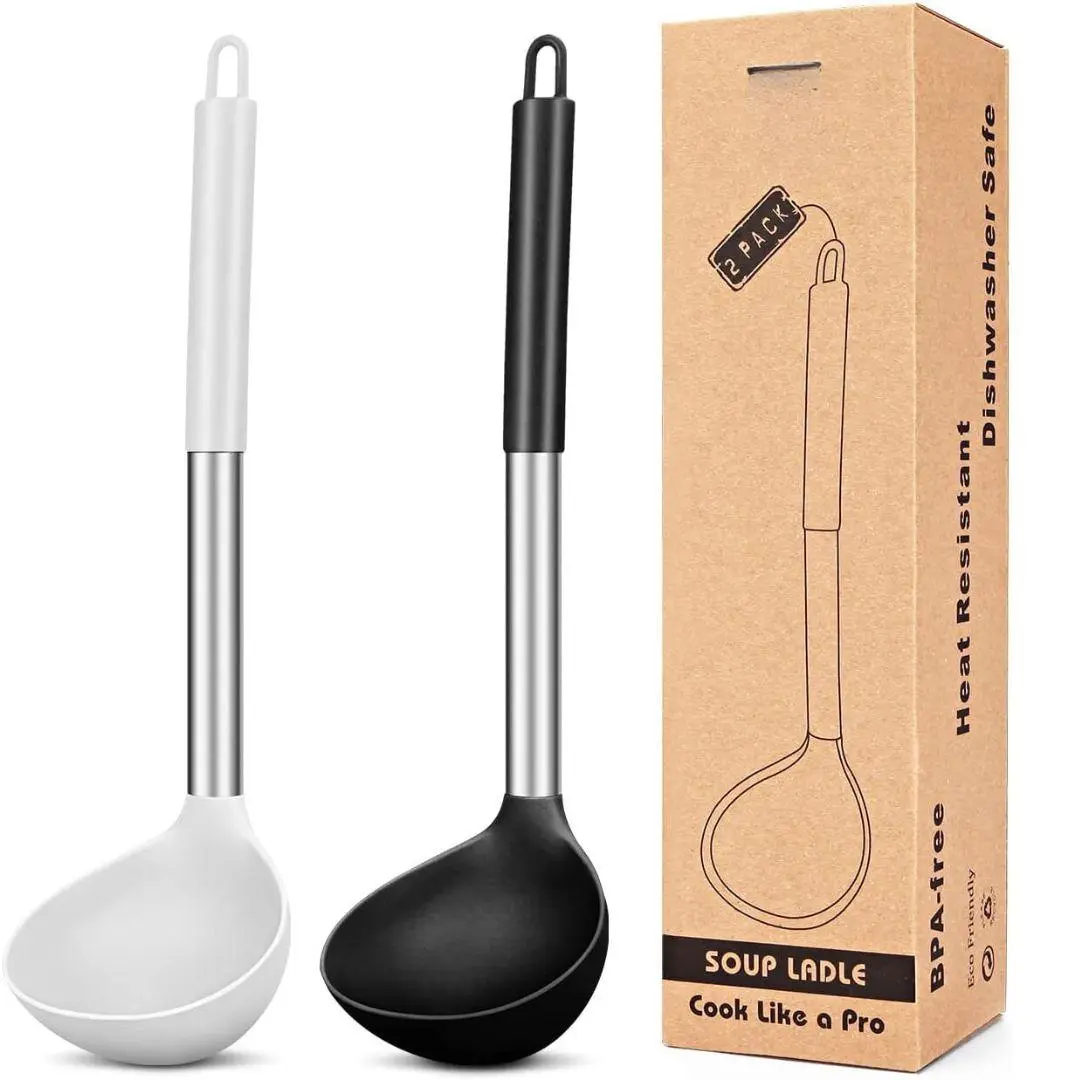 Pack of 2 Ladle Spoon,Silicone Large Spoon for Soup,Non Stick Kitchen Utensils with High Heat Resistant,BPA Free Perfect Kitchen Tools for Cooking, Stirring,Serving Soups (BLACK-WHITE)
