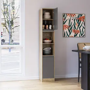 Home Essentials Home Essentials FULTRU 66.3" Tall Storage Cabinet, Narrow Storage Cabinet with Doors, Slim Bathroom Cabinet, Freestanding Pantry Cabinet with Adjustable Shelf for Space Saving, Kitchen, Living Room, Hallway, Oak/Grey