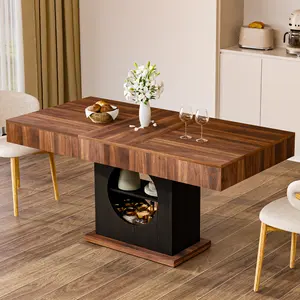 Farmhouse Dining Table for 6 People, 55 in Wooden Kitchen Table with Open Storage & Drawers,Sturdy Wood Frame (Walnut Brown and Black)