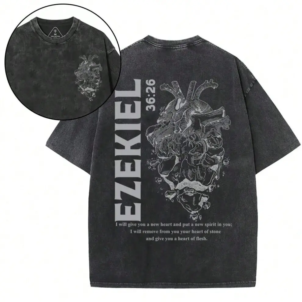 Vintage Washed Black Ezekiel 36:26 Anatomical Heart Double Sided Christian T-Shirt, Oversized Cotton Crewneck, Dark Grunge Human Heart Bible Verse Religious Streetwear Tee For Men & Women